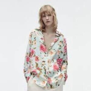 ZARA Floral Blouse Top Button Down Shirt Blur Pink M Work Party Silky Satin